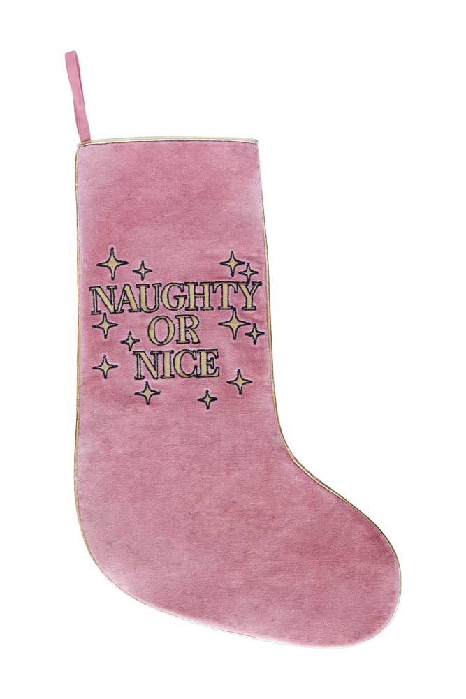 Pink Naughty Or Nice Velvet Christmas Stocking