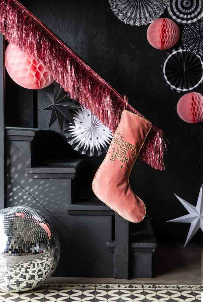 Pink Naughty Or Nice Velvet Christmas Stocking