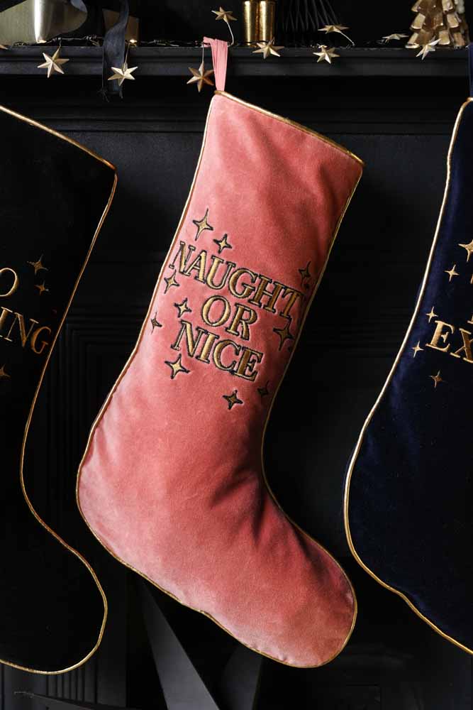 Pink Naughty Or Nice Velvet Christmas Stocking